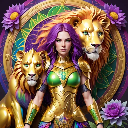 Prompt: Warrior woman (green eyes and purple hair) with golden armor, with her rainbow lion next to her, holding a big mystical swords, in front of a flower of life mandala rainbow color