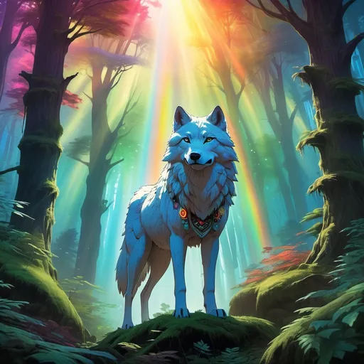 Prompt: (Princess Mononoke and Moro), majestic wolf spirit. lush forest setting, vibrant rainbow colors illuminating the scene, ethereal light filtering through the trees, whimsical ambiance, detailed textures, intricate designs, high-definition, enchanting atmosphere, mythical essence, natural beauty blending fantasy, captivating composition, cinematic depth.