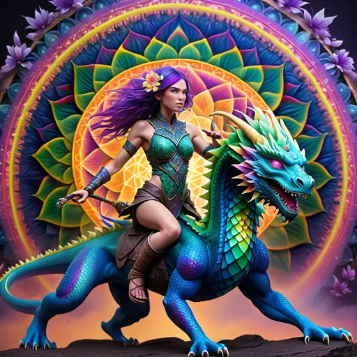 Prompt: Woman warrior (green eyes, purple hair), fiercely confident, riding a majestic blue dragon with vibrant rainbow scales, intricate patterns, dynamic pose, surrounded by a mesmerizing flower of life rainbow mandala, soft glowing edges, ethereal atmosphere, vivid colors, high detail, high quality, 4K, cinematic bliss.