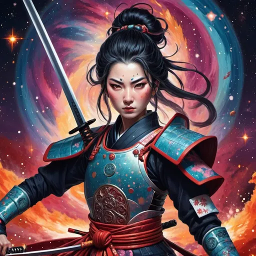 Prompt: Onna-bugeisha canadian warrior with swords with cosmic background and fireballs, vibrant and detailed anime-style illustration, cool cosmic tones, fierce and determined expression, detailed armor and traditional Japanese attire,  cosmic background with swirling galaxies and stars, vibrant colors, swirling galaxies, intense lighting