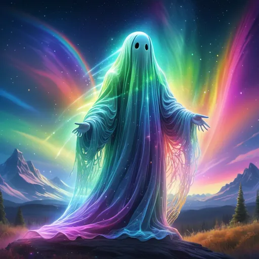 Prompt: Rainbow ghost anime, (ethereal ghostly figure), glowing with vibrant rainbow colors, set against a celestial sky, (majestic aurora borealis), sparkling stars illuminating the scene, (dreamy atmosphere), intricate details creating a sense of magic and wonder, (highly detailed), (4K resolution), ideal for a fantasy artwork.