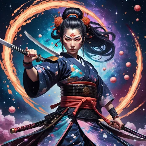 Prompt: Onna-bugeisha warrior with swords and fireballs, vibrant and detailed anime-style illustration, cool cosmic tones, fierce and determined expression, detailed armor and traditional Japanese attire, dynamic pose, cosmic background with swirling galaxies and stars, vibrant colors, intense lighting