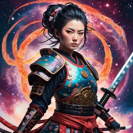 Prompt: Onna-bugeisha canadian warrior with swords with cosmic background and fireballs, vibrant and detailed anime-style illustration, cool cosmic tones, fierce and determined expression, detailed armor and traditional Japanese attire,  cosmic background with swirling galaxies and stars, vibrant colors, swirling galaxies, intense lighting