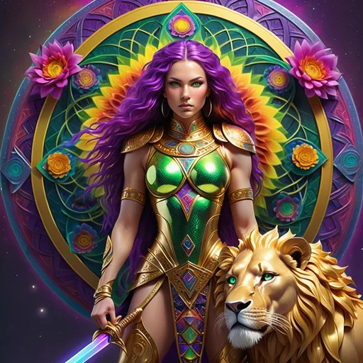 Prompt: Warrior woman (green eyes, purple hair), adorned in (shimmering golden armor), fiercely positioned next to her (majestic rainbow lion), wielding a (big mystical sword), set against a (vibrant rainbow-colored Flower of Life mandala), evoking a sense of strength and harmony, intricately detailed, dynamic lighting, high quality, ultra-detailed, captivating and empowering ambiance.
Zoom on her face