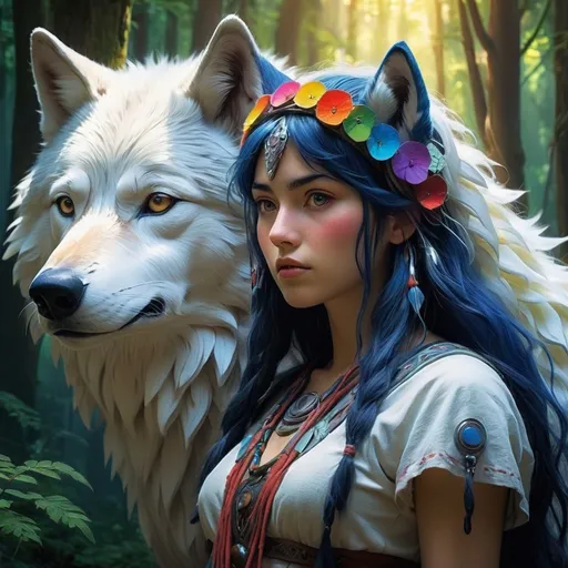 Prompt: (Princess Mononoke San and her majestic wolf spirit. lush forest setting, vibrant rainbow colors illuminating the scene, ethereal light filtering through the trees, whimsical ambiance, detailed textures, intricate designs, high-definition, enchanting atmosphere, mythical essence, natural beauty blending fantasy, captivating composition, cinematic depth.