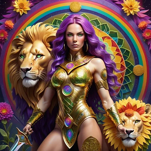 Prompt: Warrior woman (green eyes, purple hair), adorned in (shimmering golden armor), fiercely positioned next to her (majestic rainbow lion), wielding a (big mystical sword), set against a (vibrant rainbow-colored Flower of Life mandala), evoking a sense of strength and harmony, intricately detailed, dynamic lighting, high quality, ultra-detailed, captivating and empowering ambiance.
Zoom on her face