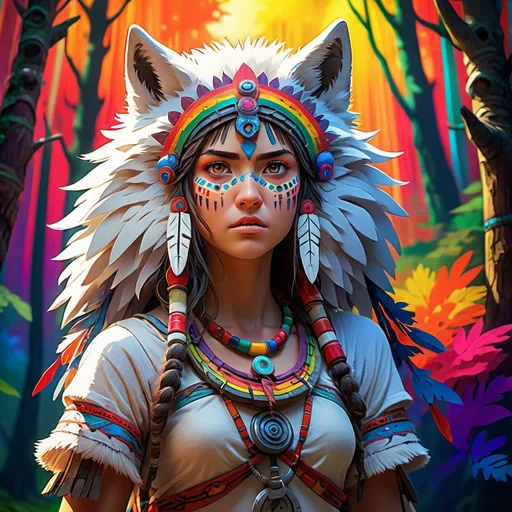 Prompt: Anime princess Mononoke warrior, (fierce expression), adorned in intricate tribal attire, strong stance next to her majestic wolf, vibrant rainbow background radiating hues of color, (dynamic lighting) casting expressive shadows, lush forest elements creating depth, whimsical yet powerful ambiance, high detailing and vibrancy, (4K) ultra-detailed masterpiece.