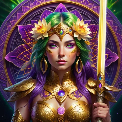 Prompt: Warrior woman (green eyes, purple hair), adorned in (golden armor with intricate lotus flower engravings), gripping a majestic mystical sword, set before a vibrant flower of life rainbow mandala, (highly detailed), vivid colors, enchanting atmosphere, (dynamic composition), mystical vibe, (4K resolution), (intense lighting), captivating depth, (artistic flair).