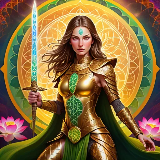 Prompt: Woman  (warrior with green eyes and brown hair) golden armor with lotus flowers, with big sword in her hands, bold dynamic pose, (vibrant colors) surrounding her, illuminated by ethereal light, (Flower of Life rainbow mandala) in the background, rich patterns radiating energy, deep contrast to soft overlays, (ultra-detailed, high-quality), enchanting and powerful ambiance.