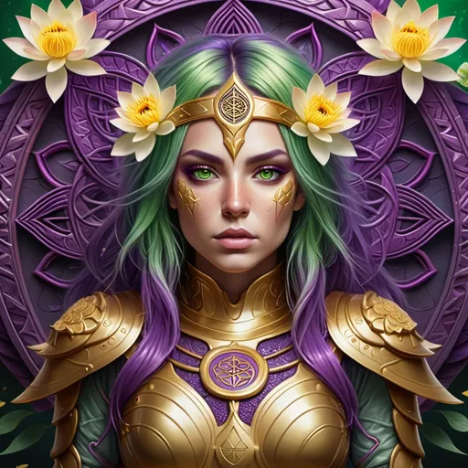 Prompt: Warrior woman (green eyes and purple hair) with golden armor with small lotus flowers graved on it, holding a big mystical swords, in front of a flower of life rainbow mandala