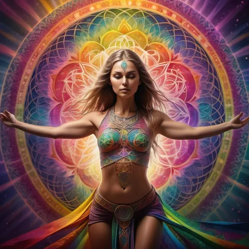 Prompt: Woman (mystical rainbow warrior) with intricate swords, bold dynamic pose, (vibrant colors) surrounding her, illuminated by ethereal light, (Flower of Life rainbow mandala) in the background, rich patterns radiating energy, deep contrast to soft overlays, (ultra-detailed, high-quality), enchanting and powerful ambiance.