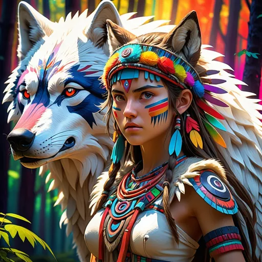 Prompt: Anime princess Mononoke warrior, (fierce expression), adorned in intricate tribal attire, strong stance next to her majestic wolf, vibrant rainbow background radiating hues of color, (dynamic lighting) casting expressive shadows, lush forest elements creating depth, whimsical yet powerful ambiance, high detailing and vibrancy, (4K) ultra-detailed masterpiece.