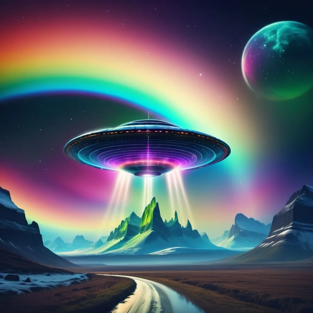 Prompt: Rainbow alien spacecraft and celestial sky woth aurora borealis