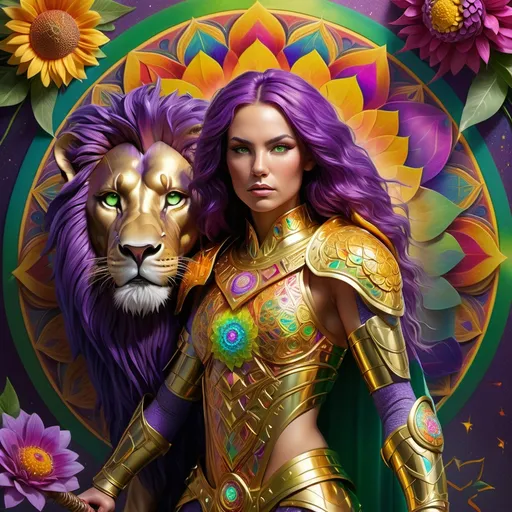 Prompt: Warrior woman (green eyes, purple hair), adorned in (shimmering golden armor), fiercely positioned next to her (majestic rainbow lion), wielding a (big mystical sword), set against a (vibrant rainbow-colored Flower of Life mandala), evoking a sense of strength and harmony, intricately detailed, dynamic lighting, high quality, ultra-detailed, captivating and empowering ambiance.