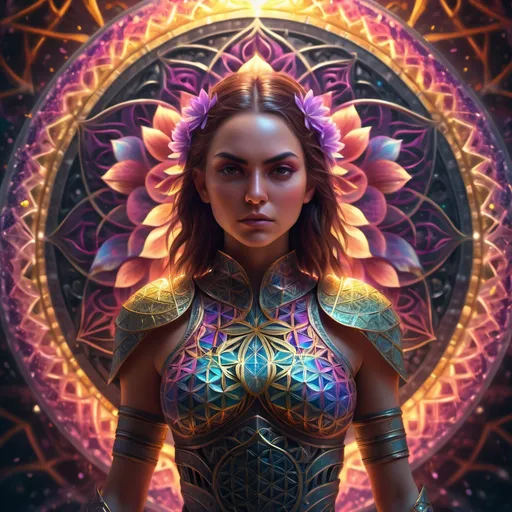 Prompt: woman warrior with (big swords), (Flower of Life mandala background), intense gaze, dynamic pose, shimmering armor, dramatic lighting, vivid colors, ethereal glow, intricate patterns, high detail, powerful ambiance, showcasing strength and grace, a surreal yet empowering atmosphere, 4K resolution, ultra-detailed aesthetic.