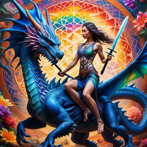 Prompt: Rainbow warrior woman, (dynamic pose), wielding swords, riding on her friend,  a magnificent blue dragon, ethereal scales glistening, intricate flower of life pattern background, symbolizing unity and interconnectedness, vibrant colors burst forth, high detail, magical ambiance, adventurous, (HD), vivid contrast, lighting creates a mystical atmosphere, enhancing every detail of the scene.