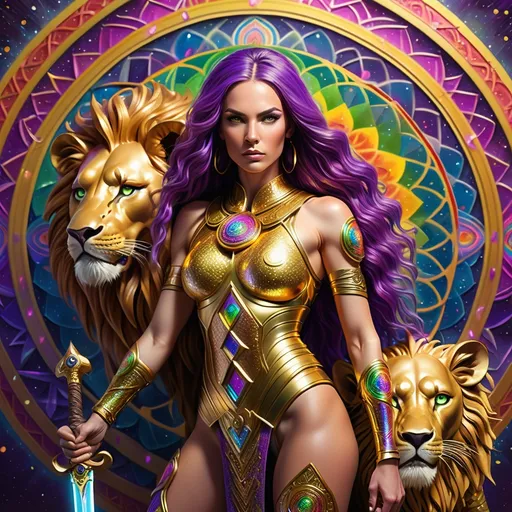 Prompt: Warrior woman (green eyes, purple hair), adorned in (shimmering golden armor), fiercely positioned next to her (majestic rainbow lion), wielding a (big mystical sword), set against a (vibrant rainbow-colored Flower of Life mandala), evoking a sense of strength and harmony, intricately detailed, dynamic lighting, high quality, ultra-detailed, captivating and empowering ambiance.
Zoom on her face