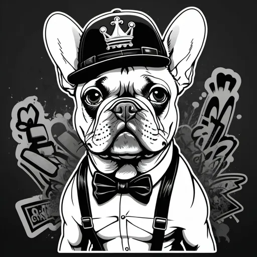 Prompt: A (French bulldog) dressed similar to a rudeboy, (sticker, black and white), vintage style, detailed design, elements of punk culture, hat and suspenders, attitude expression, urban background with graffiti, high contrast, bold lines, gritty atmosphere, “street art” vibes, high quality, ultra-detailed, ink illustration, defined textures and sharp outlines, trendy and stylish, 4K resolution.