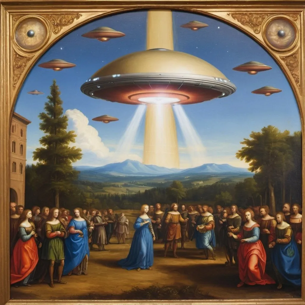 Prompt: Renaissance style painting with UFO in the background