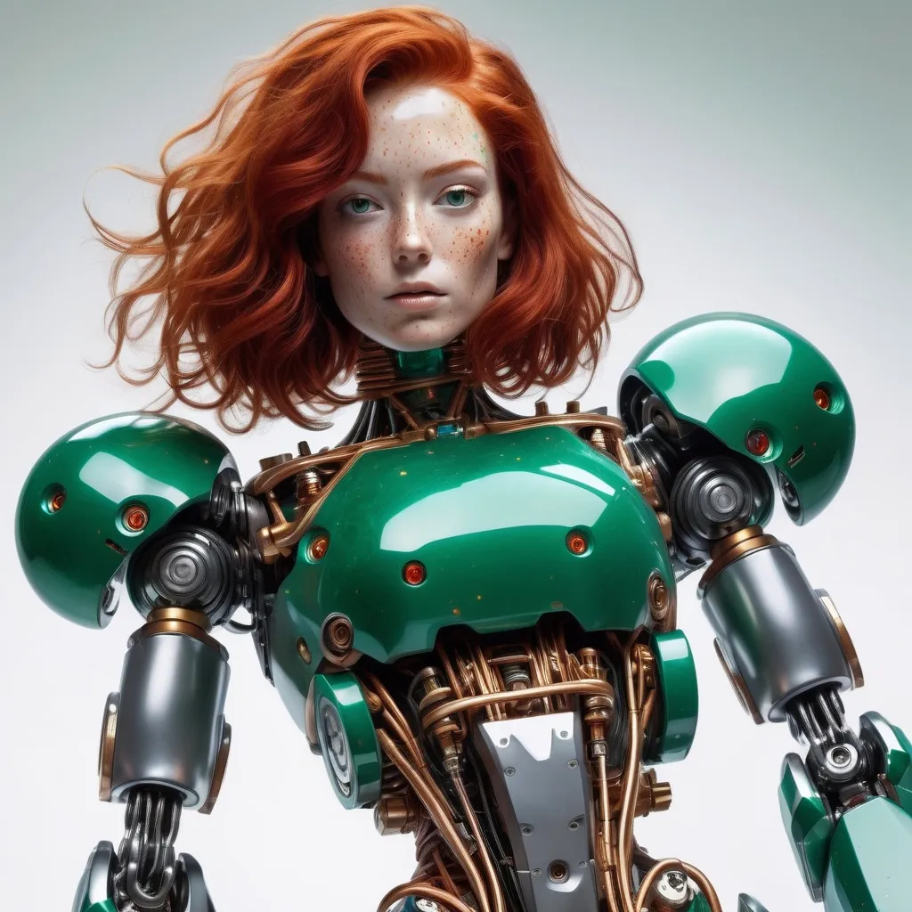 Prompt: top heavy  Robot woman robotic features appears to be curvy red hair freckles holds large emerald crystal