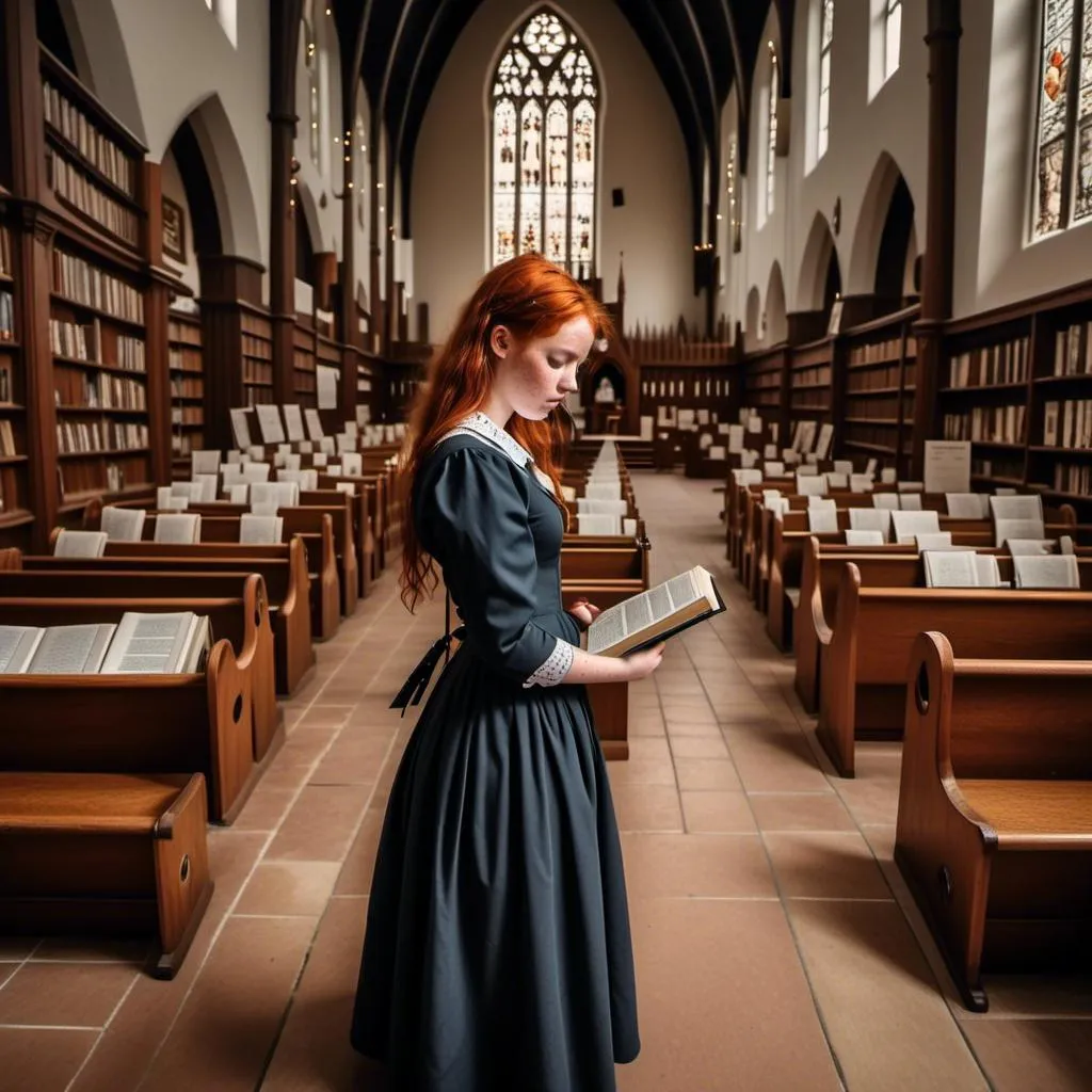 Prompt: <mymodel> in a church book store browsing hymnals