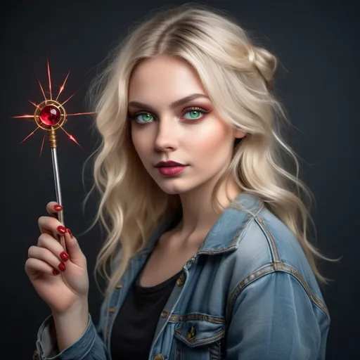 Prompt: Top heavy woman thin and tone blonde hair with green eyes wearing a grey sweeter and blue jeans holding a  ruby tipped magic wand