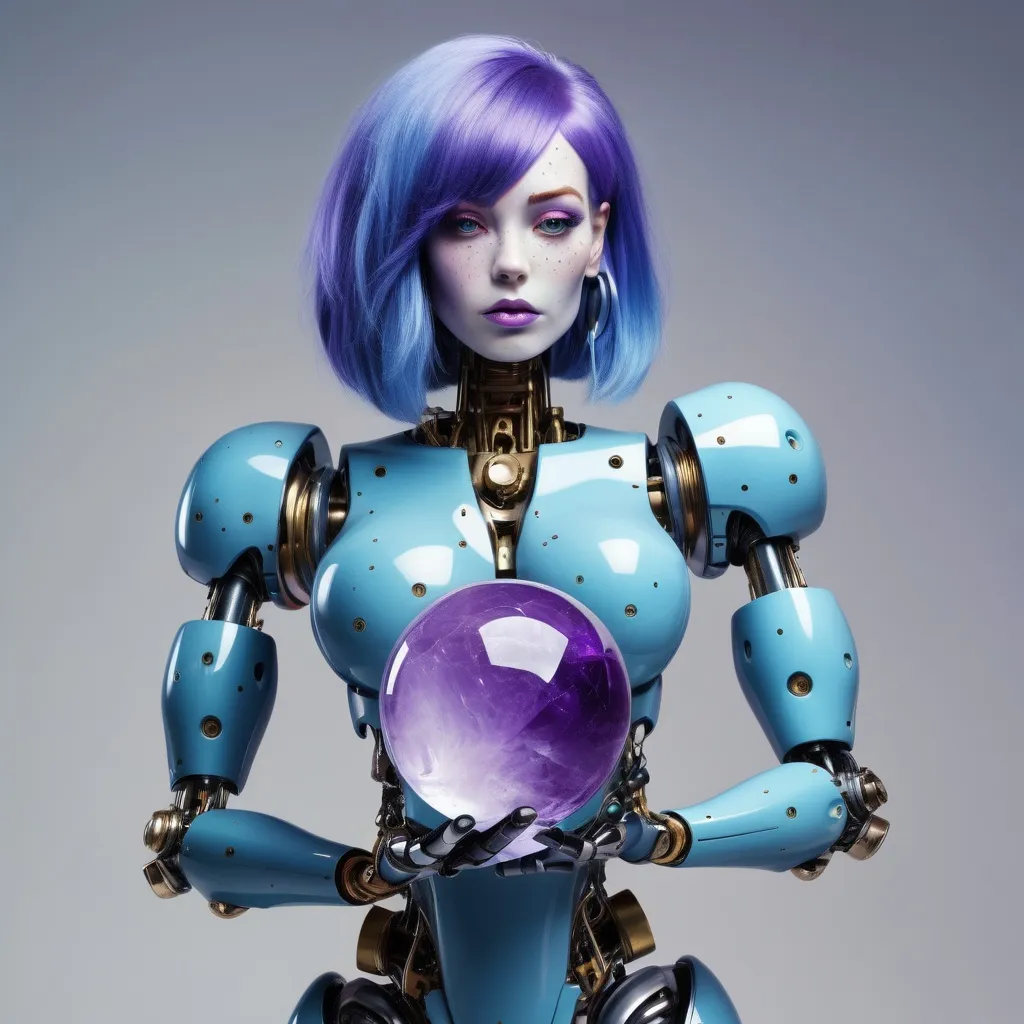 Prompt: top heavy  Robot woman robotic features appears to be curvy with the appearance of being top heavy, blue hair , a lot of freckles holds large amethyst crystal ball