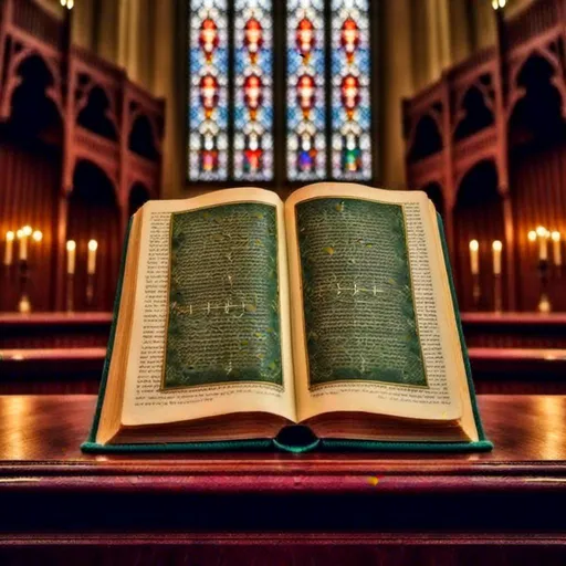 Prompt: <mymodel> A green decorative Hymnal on a Alter with the pages open Hymnal is on a wooden book stand The room is dim and The Hymnal is shimmering a vibrant glow The Hymnal is open to the hymn " Great is thy faithfulness " is is written in gold cursive