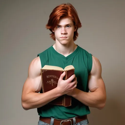 Prompt: 19 year old wirery muscles bOyIsH Features wearing sleeveless shirt and jeans biceps are softball size but the rest of his build is very thin hair is parted to the left reddish in color he is always holding a green decorative hymnal