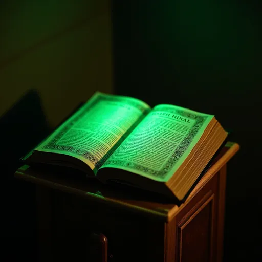 Prompt: A green decorative Hymnal on a Alter with the pages open Hymnal is on a wooden book stand The room is dim and The Hymnal is shimmering a vibrant glow