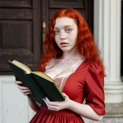 Prompt: <mymodel> <mymodel>  redheaded 19 year old girl freckles' very large breasted holding a decorative green hymnal wearing red church dress