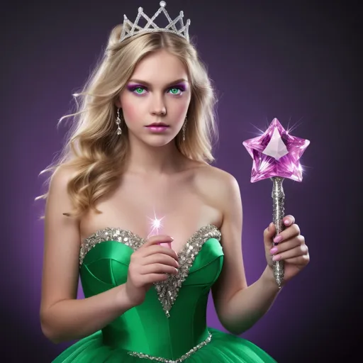 Prompt: Top heavy woman thin and tone blond hair with green eyes wearing prom dress purple holding a pink crystal magic wand that she always has with her