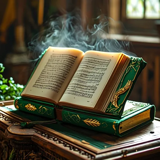 Prompt: A green decorative Hymnal on a Alter with the pages open Hymnal is on a wooden book stand The room is dim and The Hymnal is shimmering a vibrant glow The Hymnal is open to the hymn " Great is thy faithfulness " is is written in gold cursive