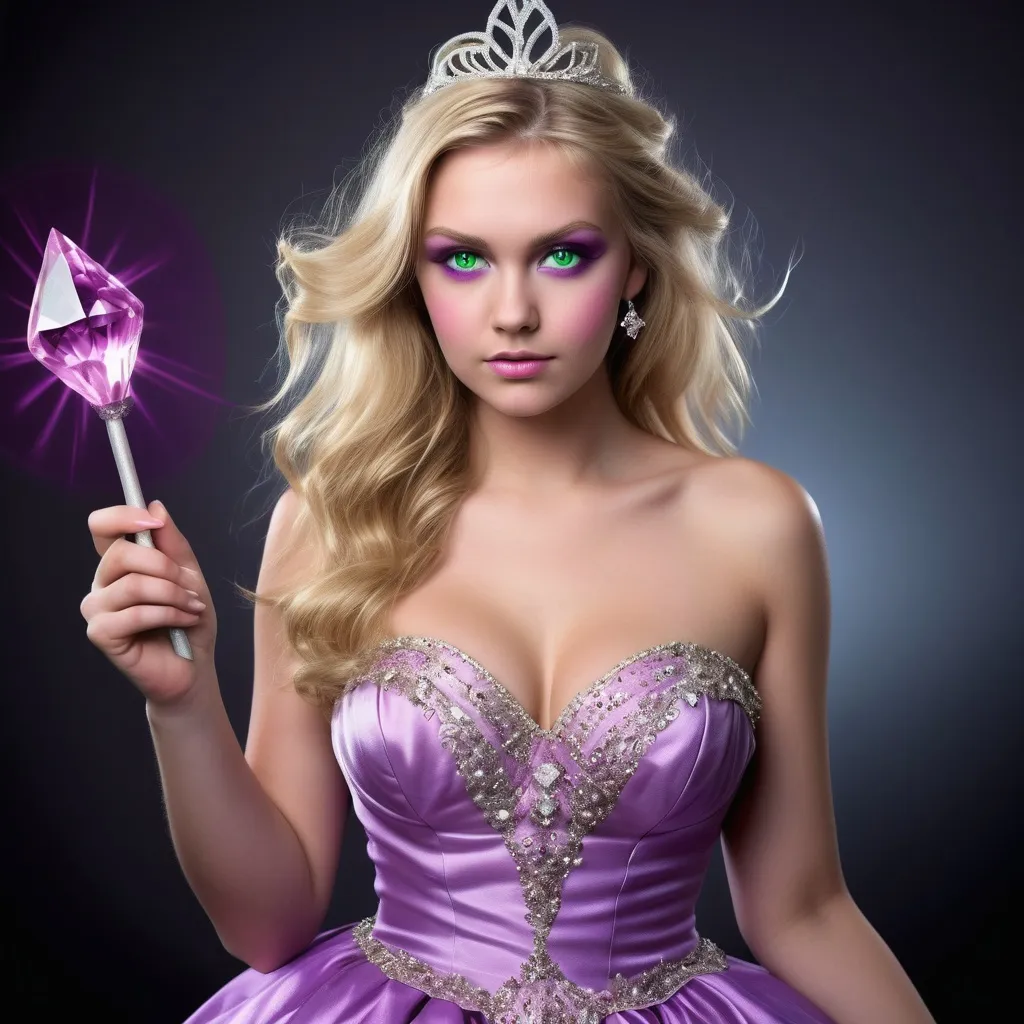 Prompt: Top heavy woman thin and tone blond hair with green eyes wearing prom dress purple holding a pink crystal magic wand that she always has with her