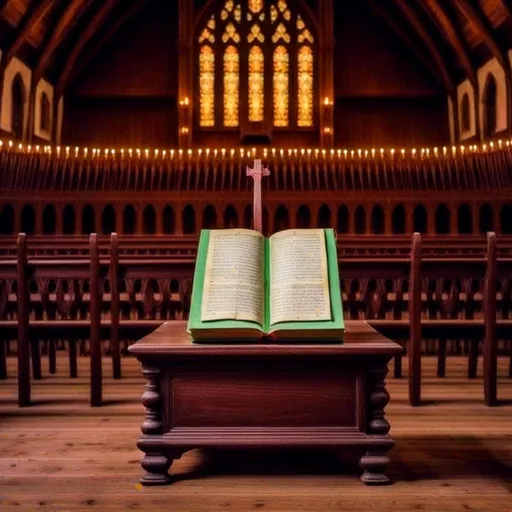 Prompt: <mymodel> A green decorative Hymnal on a Alter with the pages open Hymnal is on a wooden book stand The room is dim and The Hymnal is shimmering a vibrant glow The Hymnal is open to the hymn " Great is thy faithfulness " is is written in gold cursive