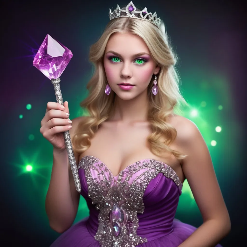 Prompt: Top heavy woman thin and tone blond hair with green eyes wearing prom dress purple holding a pink crystal magic wand that she always has with her