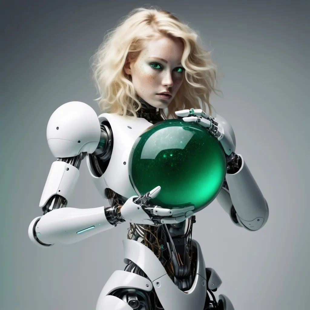 Prompt: top heavy  Robot woman robotic features appears to be curvy with the appearance of being top heavy, blonde  hair freckles holds large emerald crystal ball