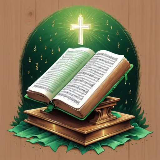 Prompt: A green decorative Hymnal on a Alter with the pages open Hymnal is on a wooden book stand The room is dim and The Hymnal is shimmering a vibrant glow The Hymnal is open to the hymn " Great is thy faithfulness " is is written in gold cursive