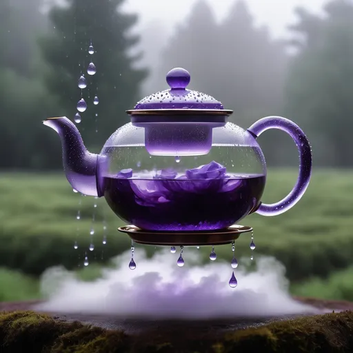 Prompt: A shimmering amethyst  Tea Pot levitation on a cloud of mist in a rainstorm with large droplets.