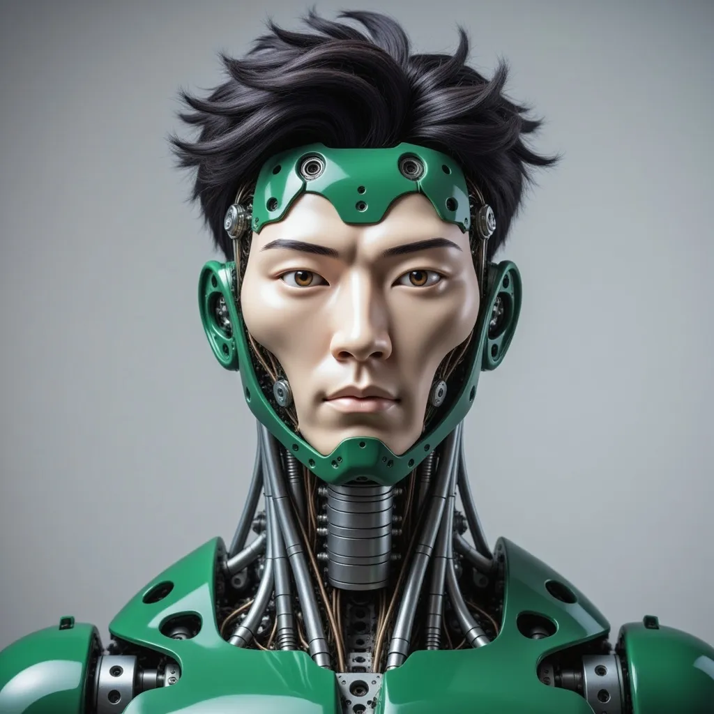 Prompt: Asian Robot 13 year old child robot painted green