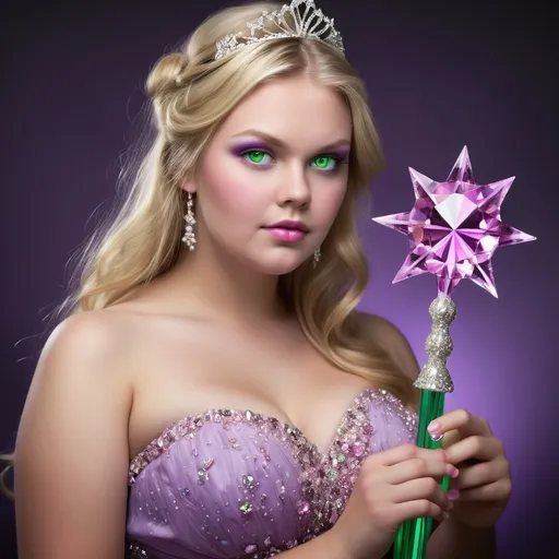 Prompt: Top heavy woman thin and tone blond hair with green eyes wearing prom dress purple holding a pink crystal magic wand that she always has with her