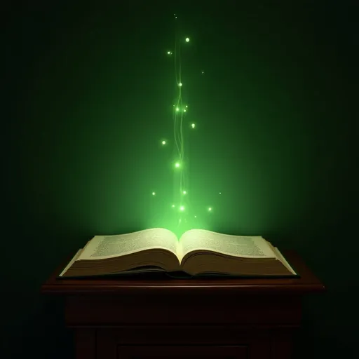 Prompt: A green decorative Hymnal on a Alter with the pages open Hymnal is on a wooden book stand The room is dim and The Hymnal is shimmering a vibrant glow