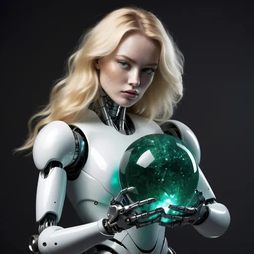 Prompt: top heavy  Robot woman robotic features appears to be curvy with the appearance of being top heavy, blonde  hair, a lot of freckles holds large emerald crystal ball