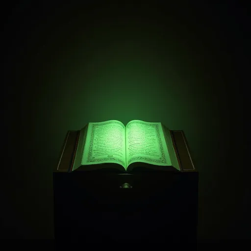 Prompt: A green decorative Hymnal on a Alter with the pages open Hymnal is on a wooden book stand The room is dim and The Hymnal is shimmering a vibrant glow