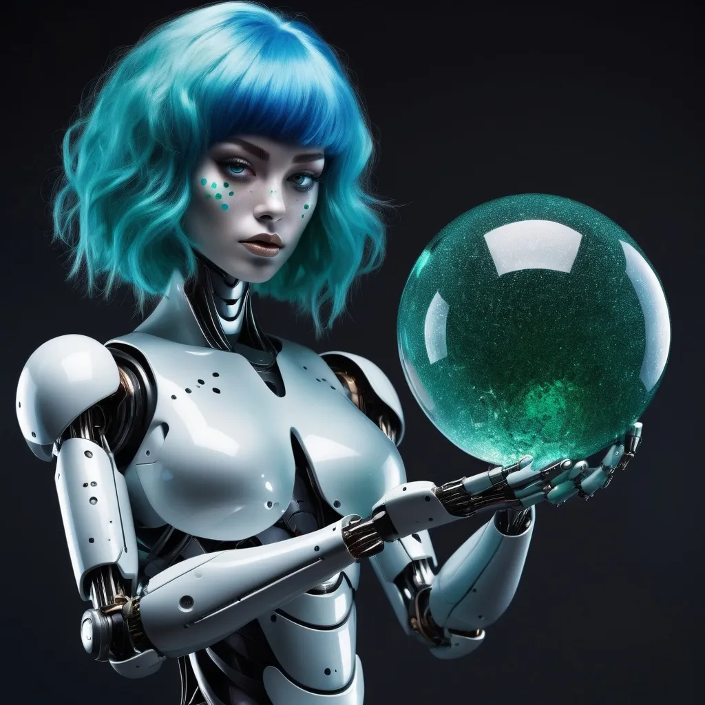 Prompt: top heavy  Robot woman robotic features appears to be curvy blue hair freckles holds large emerald crystal ball