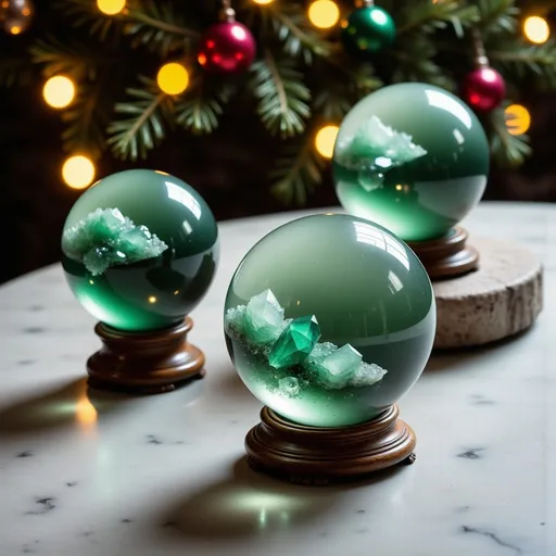 Prompt: three green crystal balls on a marble table 