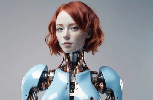 Prompt: curvy female humanoid robot back length red hair covered in freckles her metallic structure is pale blue