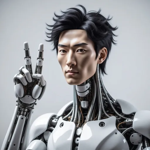 Prompt: Asian Robot making a peace sign with both hands