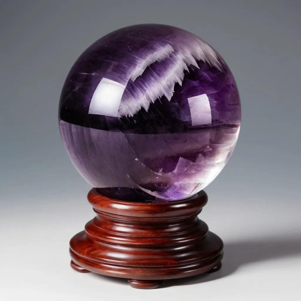 Prompt: large amethyst crystal ball sitting on a wooden stand