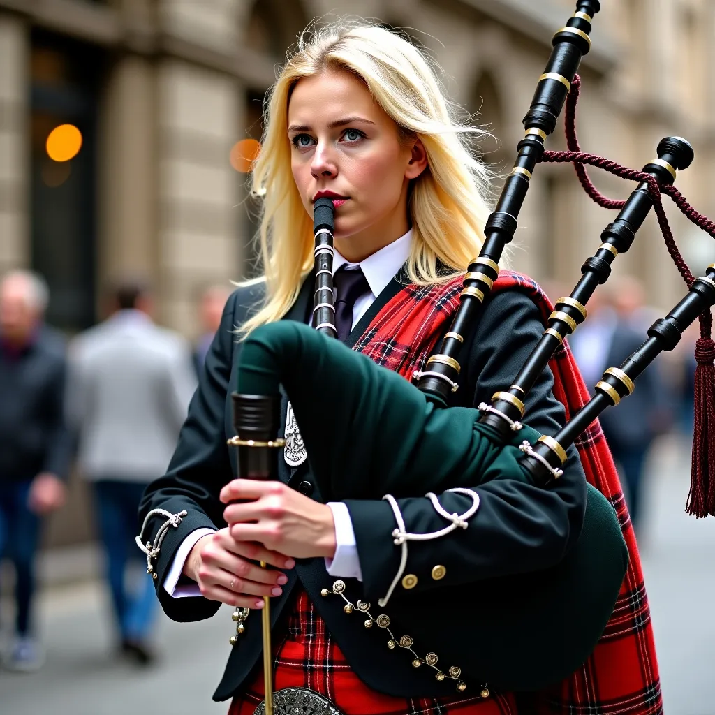 Prompt: image of a blonde woman playing the bagpipes in full kilt 